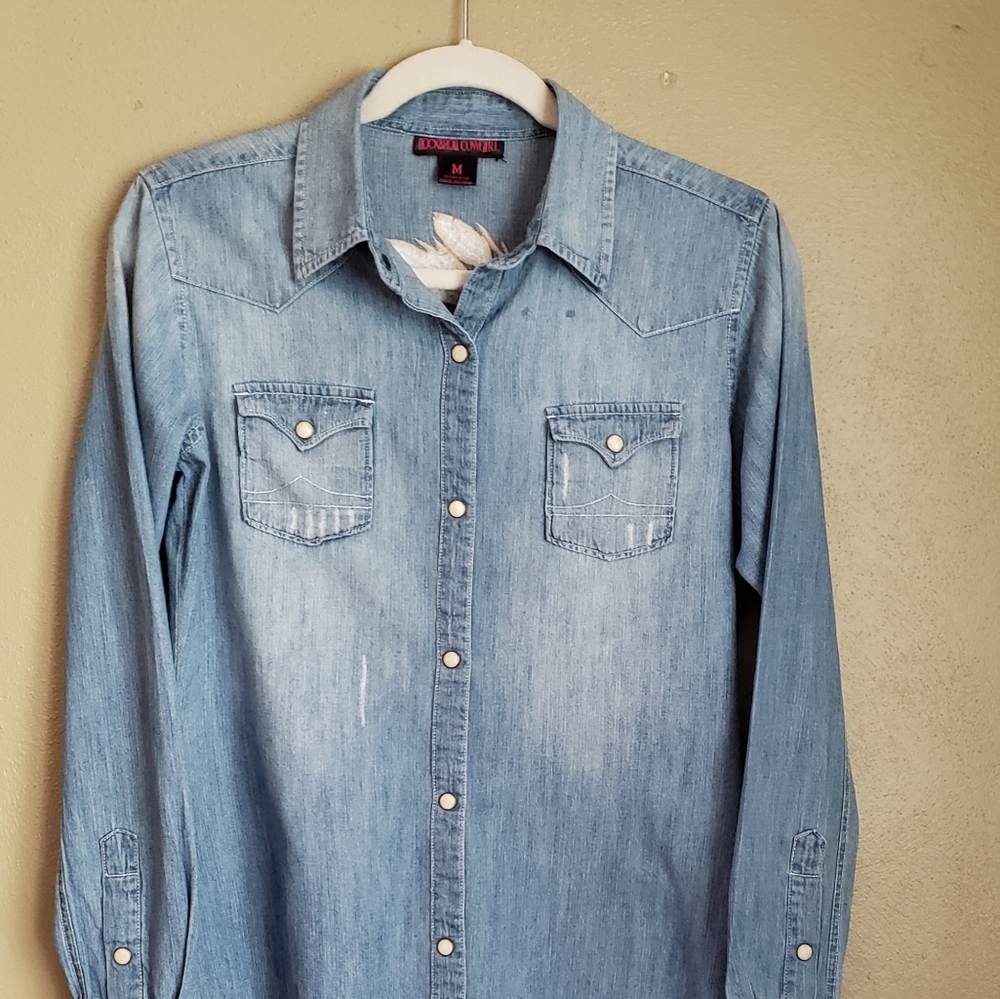SOLD Rock & Roll Cowgirl Denim Native American embroidered shirt.
